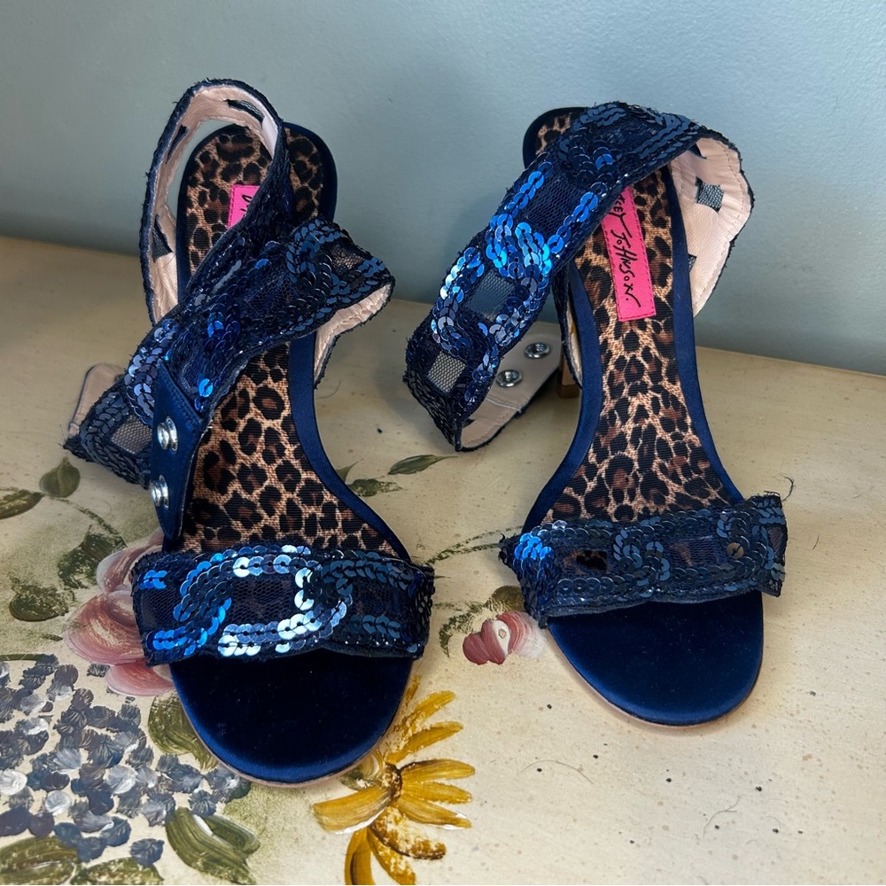 Betsey Johnson Blue Satin Sequin & Lace Ankle Cuff Strap Shoes